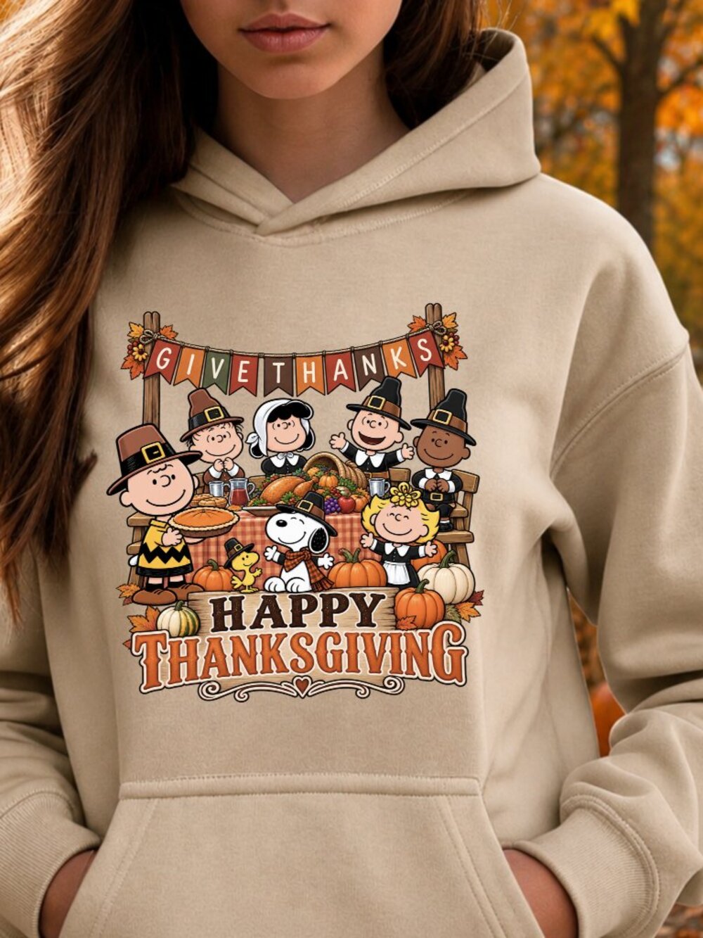 Peanuts Thanksgiving Table HOODIE Graphic Sweatshirt Snoopy Fall Autumn Holiday